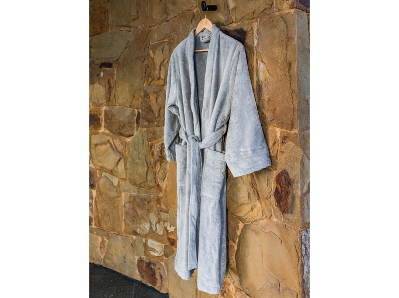 Organic cotton luxury bath robe grey hanging