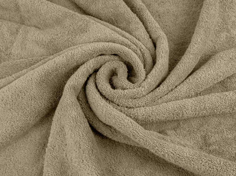 Organic cotton bath sheet set close up in taupe