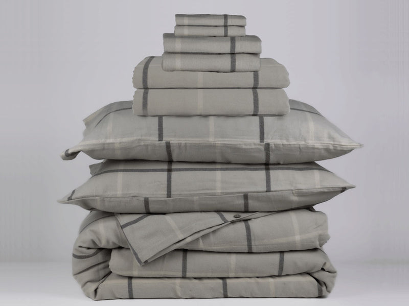 Organic cotton flannel all in bedding bundle in taupe pattern gingham