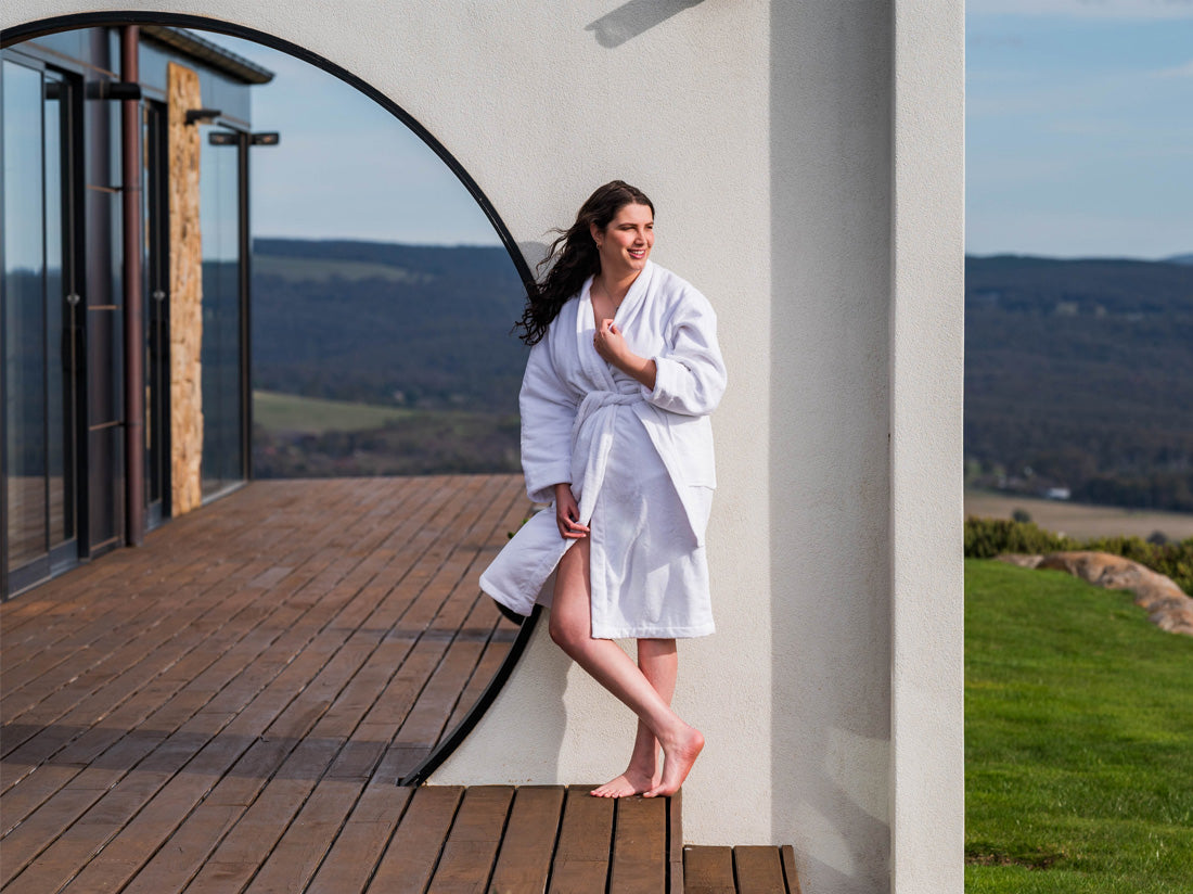 Organic cotton luxury bath robe white women wearing